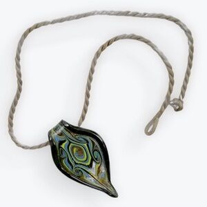 Glass Swirl Pendant Black Periwinkle Lime on Twist Cord with Knot & Loop Closure